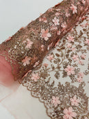 3D Glitter Floral Fabric - Rose Gold - Glitter Sequin Flower Design on Lace Mesh Fabric by Yard