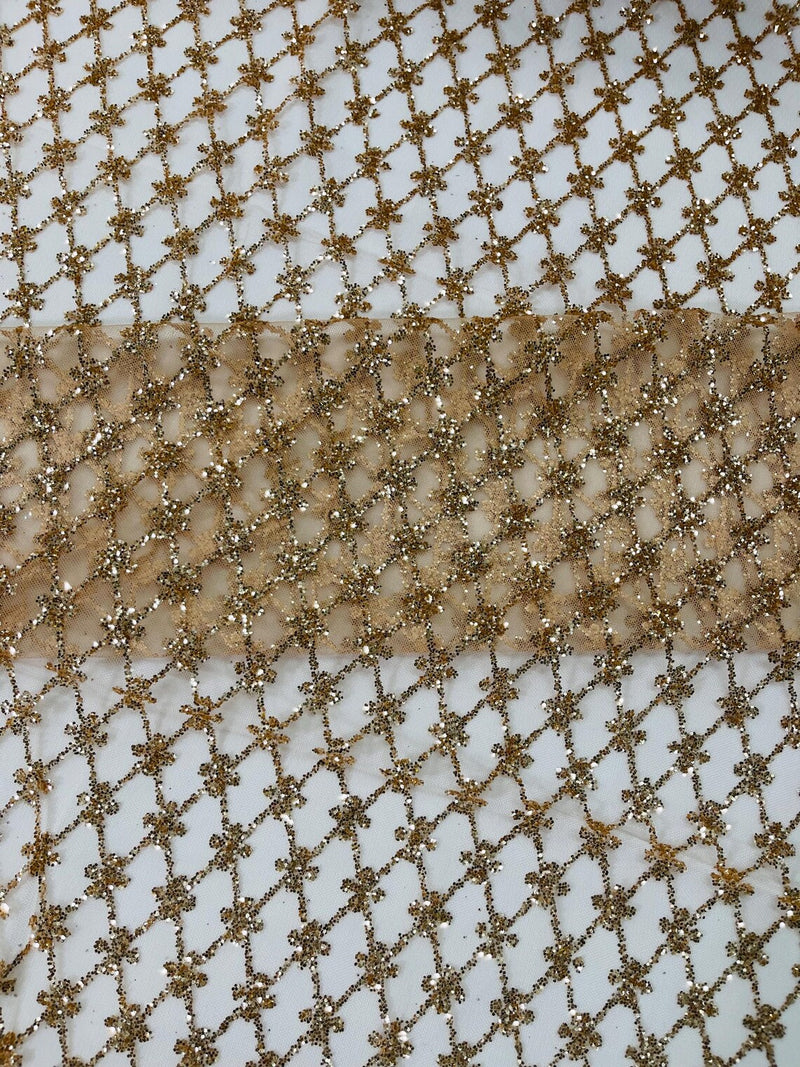 Diamond Design Glitter Fabric - Rose Gold - Triangle Shiny Glitter Mesh with Flower Decor by Yard