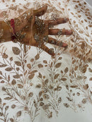 Leaf Plant Glitter Fabric - Rose Gold - Luxury Tall Leaf Plant Shiny Glitter Mesh Design Fabric by Yard