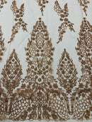 Fancy Rhinestone Glitter Fabric - Rose Gold - Embroidered Damask Design Glitter Mesh Fabric by Yard