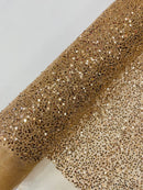Beaded Sequins Pearl Fabric - Rose Gold - Embroidered Pearl Beads and Sequins on Lace By Yard
