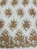 Floral Beaded Gaviota Fabric - Rose Gold - Beaded Floral Design Embroidered On Mesh Sold By Yard