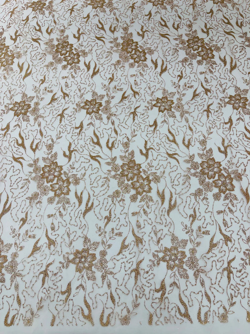 Floral Glitter Design Fabric - Rose Gold - 3D Glitter Tulle Flower Plant Design Fabric By Yard