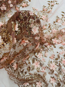 3D Glitter Floral Fabric - Rose Gold - Glitter Sequin Flower Design on Lace Mesh Fabric by Yard