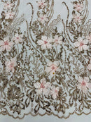 Flower 3D Glitter Fabric - Rose Gold - Embroidered Floral Sequins Design Fabric by Yard