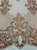King Damask Lace Fabric - Rose Gold - Corded Embroidery with Sequins on Mesh Lace Fabric By Yard