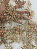 Floral Beaded Gaviota Fabric - Rose Gold - Beaded Floral Design Embroidered On Mesh Sold By Yard