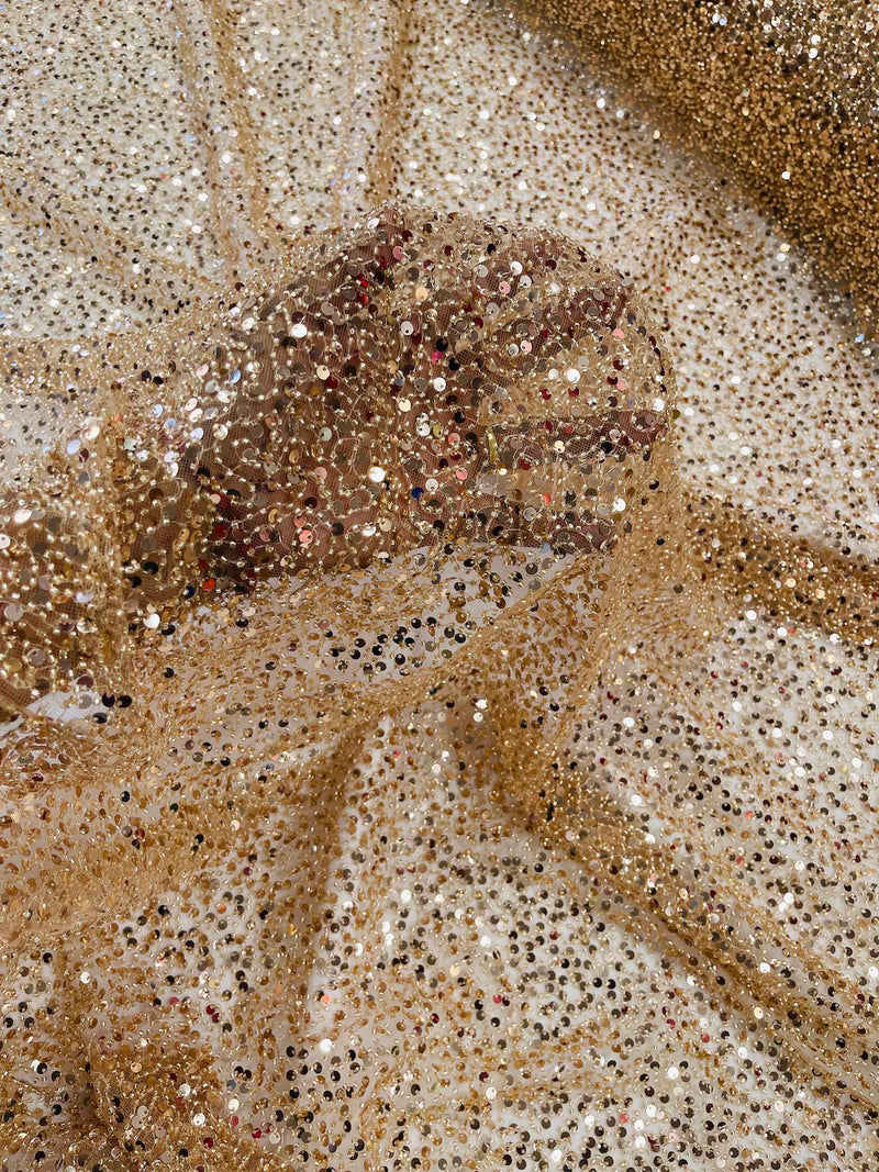 Beaded Sequins Pearl Fabric - Rose Gold - Embroidered Pearl Beads and Beaded Sequins Pearl Fabric - Rose Gold - Embroidered Pearl Beads and