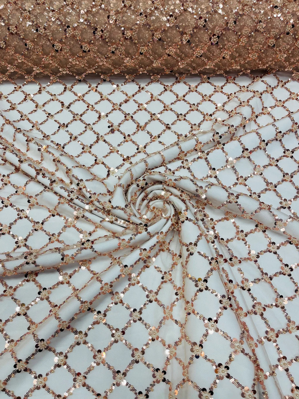 Diamond Net Bead Fabric Rose Gold Geometric Embroidery Beaded Sequ