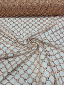 Diamond Net Bead Fabric - Rose Gold - Geometric Embroidery Beaded Sequins Fabric Sold By The Yard