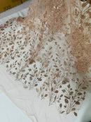 Leaf Plant Glitter Fabric - Rose Gold - Luxury Tall Leaf Plant Shiny Glitter Mesh Design Fabric by Yard