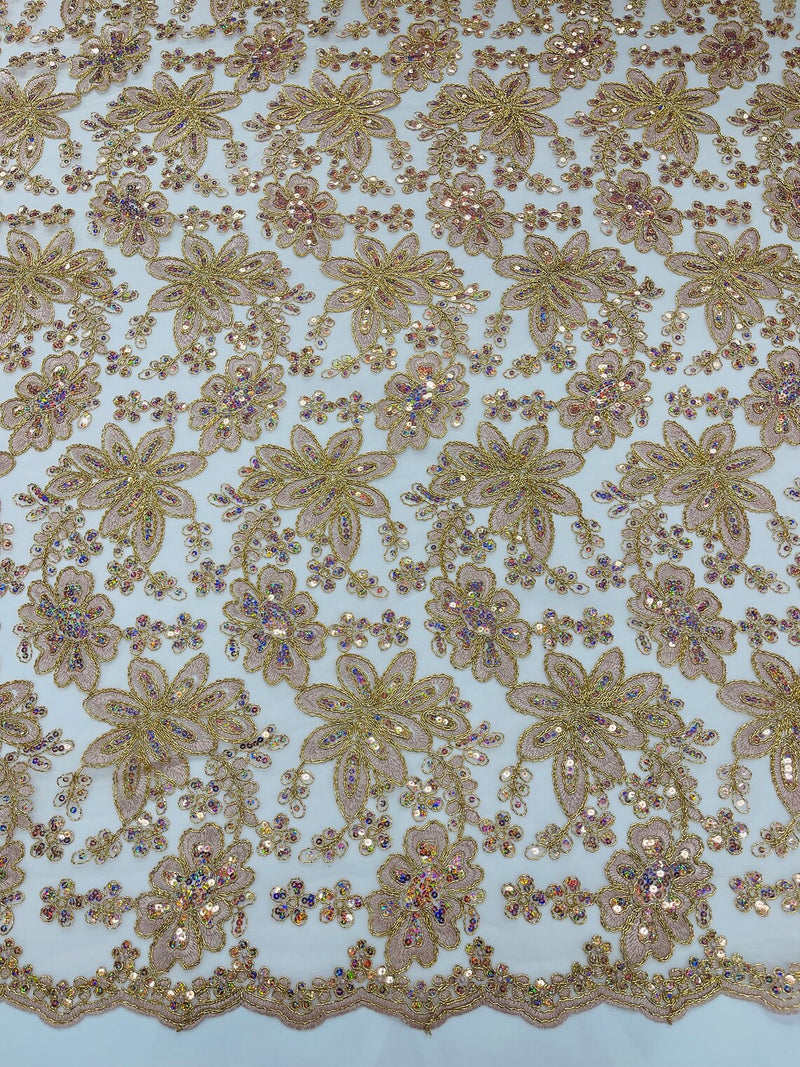 Metallic Floral Lace Fabric - Rose Gold - Hologram Sequins Floral Metallic Thread Fabric by Yard