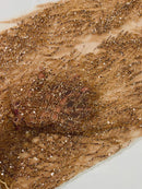 Beaded Embroidered Fabric - Rose Gold - Embroidered Heart and Feather Pattern Fabric Sold By Yard