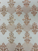 King Damask Lace Fabric - Rose Gold - Corded Embroidery with Sequins on Mesh Lace Fabric By Yard