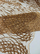 Beaded Embroidered Fabric - Rose Gold - Embroidered Heart and Feather Pattern Fabric Sold By Yard