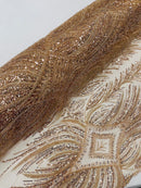 Beaded Line Fabric - Rose Gold - Luxury Bridal Line Pattern Fabric With Beads, Sequins Sold By Yard