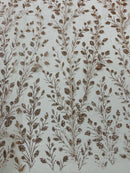 Leaf Plant Glitter Fabric - Rose Gold - Luxury Tall Leaf Plant Shiny Glitter Mesh Design Fabric by Yard