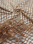 Diamond Net Sequins Fabric - Rose Gold - Geometric Diamond Net Design on Mesh Lace Fabric By Yard