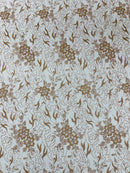 Floral Glitter Design Fabric - Rose Gold - 3D Glitter Tulle Flower Plant Design Fabric By Yard