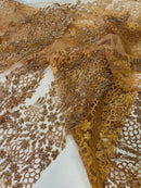 Fancy Rhinestone Glitter Fabric - Rose Gold - Embroidered Damask Design Glitter Mesh Fabric by Yard