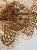 Beaded Embroidered Fabric - Rose Gold - Embroidered Heart and Feather Pattern Fabric Sold By Yard