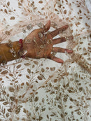 Leaf Plant Glitter Fabric - Rose Gold - Luxury Tall Leaf Plant Shiny Glitter Mesh Design Fabric by Yard