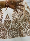 Fancy Rhinestone Glitter Fabric - Rose Gold - Embroidered Damask Design Glitter Mesh Fabric by Yard