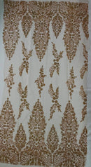 Fancy Rhinestone Glitter Fabric - Rose Gold - Embroidered Damask Design Glitter Mesh Fabric by Yard