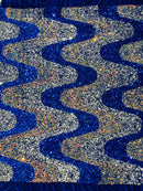 Wavy Line Design Velvet Sequins - Royal Blue / Silver / Clear- Velvet Sequins Fabric 2 Way Stretch 58"/60" Yard