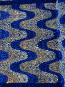 Wavy Line Design Velvet Sequins - Royal Blue / Silver / Clear- Velvet Sequins Fabric 2 Way Stretch 58"/60" Yard