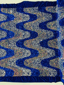 Wavy Line Design Velvet Sequins - Royal Blue / Silver / Clear- Velvet Sequins Fabric 2 Way Stretch 58"/60" Yard