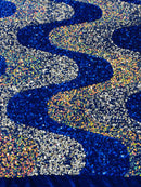 Wavy Line Design Velvet Sequins - Royal Blue / Silver / Clear- Velvet Sequins Fabric 2 Way Stretch 58"/60" Yard
