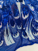 Olivia Sequins Design - Royal / Aqua - 4 Way Stretch Multi Color Sequin Fabric on Mesh Sold By Yard
