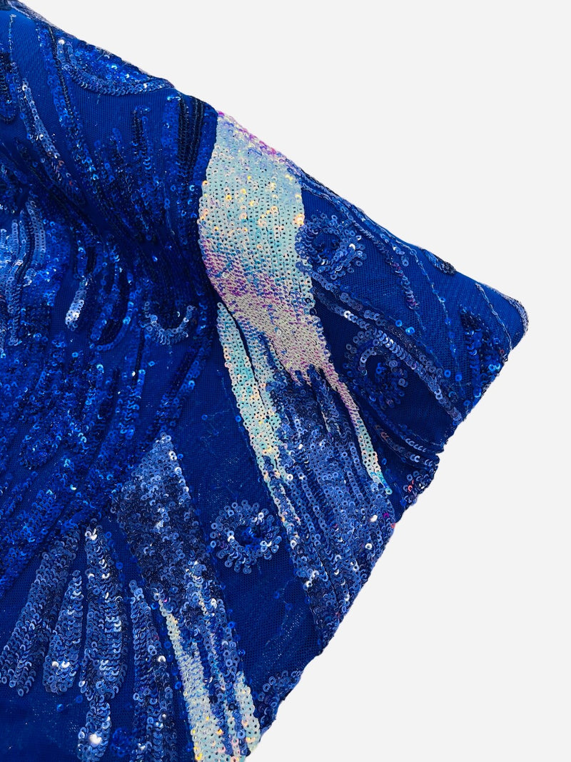 Olivia Sequins Design - Royal / Aqua - 4 Way Stretch Multi Color Sequin Fabric on Mesh Sold By Yard