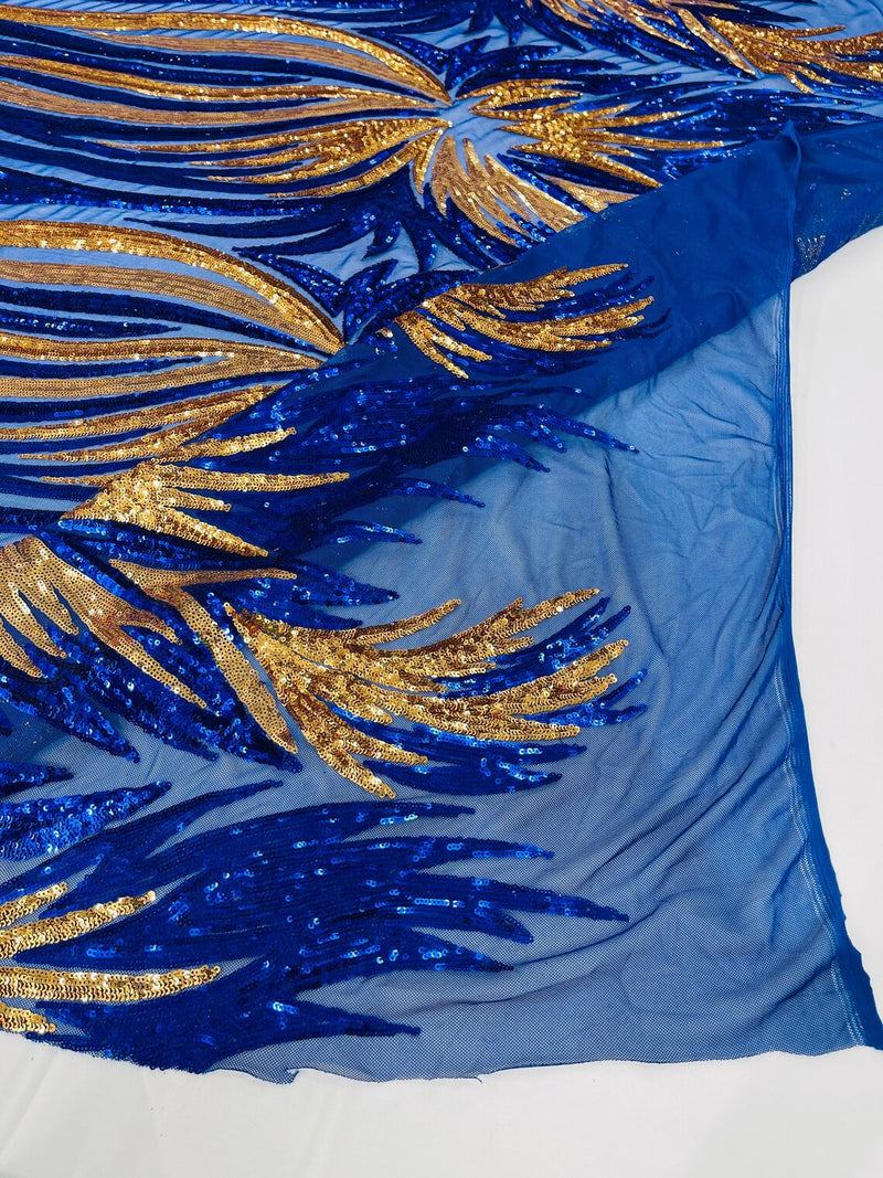 Angel Wings Sequins Fabric - Royal Blue / Gold - 4 Way Stretch Feather Wings Sequins Design By Yard