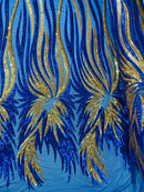Angel Wings Sequins Fabric - Royal Blue / Gold - 4 Way Stretch Feather Wings Sequins Design By Yard