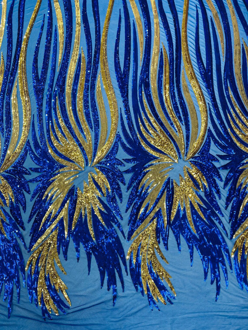 Angel Wings Sequins Fabric - Royal Blue / Gold - 4 Way Stretch Feather Wings Sequins Design By Yard
