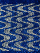 Wavy Line Design Velvet Sequins - Royal Blue / Silver - Velvet Sequins Fabric 2 Way Stretch 58"- 60" By Yard