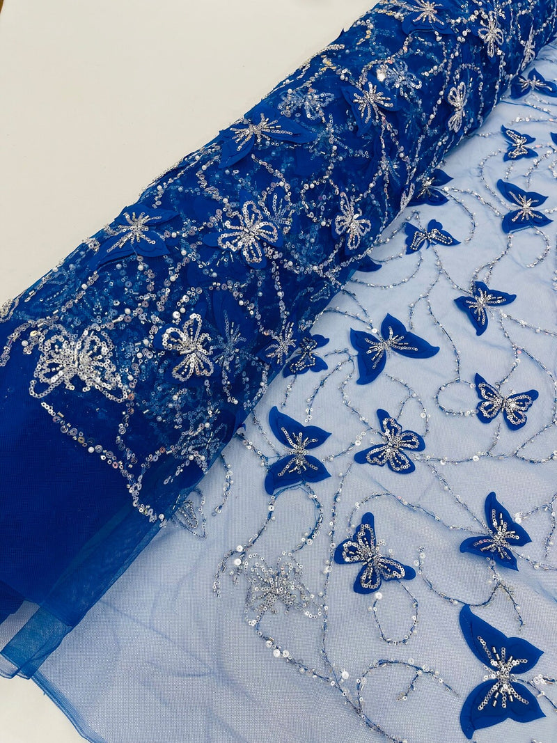 3D Butterfly Sequins Bead Fabric - Royal Blue / Silver - Sequins Embroidered Beaded Fabric By Yard
