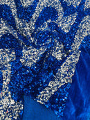 Wavy Line Design Velvet Sequins - Royal Blue / Silver - Velvet Sequins Fabric 2 Way Stretch 58"- 60" By Yard