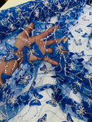 3D Butterfly Sequins Bead Fabric - Royal Blue / Silver - Sequins Embroidered Beaded Fabric By Yard