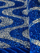 Wavy Line Design Velvet Sequins - Royal Blue / Silver - Velvet Sequins Fabric 2 Way Stretch 58"- 60" By Yard