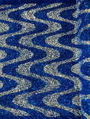 Wavy Line Design Velvet Sequins - Royal Blue / Silver - Velvet Sequins Fabric 2 Way Stretch 58"- 60" By Yard