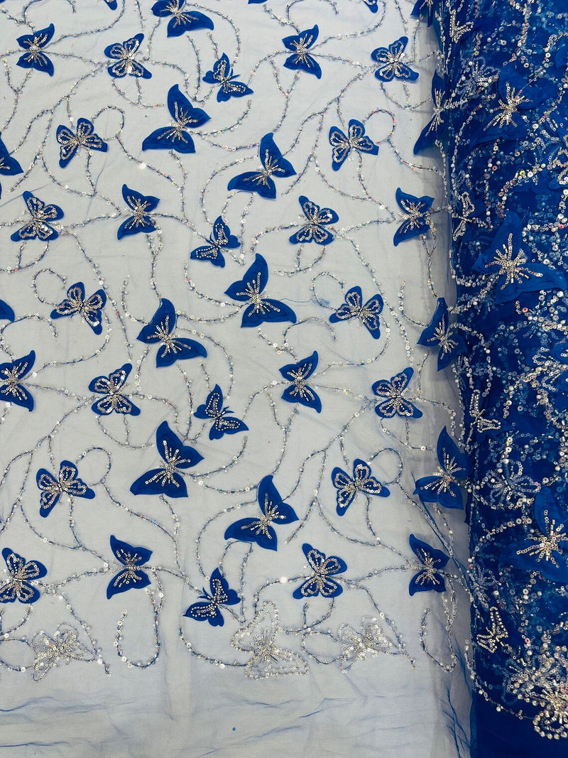 3D Butterfly Sequins Bead Fabric - Royal Blue / Silver - Sequins Embroidered Beaded Fabric By Yard
