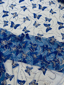 3D Butterfly Sequins Bead Fabric - Royal Blue / Silver - Sequins Embroidered Beaded Fabric By Yard