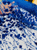 3D Glitter Floral Fabric - Royal Blue - Floral Line Glitter Designs on Mesh Fabric Sold By Yard