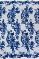 Two Tone Lace Floral Fabric - Royal Blue - Flower and Fish Designs Corded on Sequins Lace By Yard