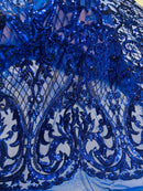 Heart Shape Sequins Fabric - Royal Blue - 4 Way Stretch Sequins Damask Fabric By Yard