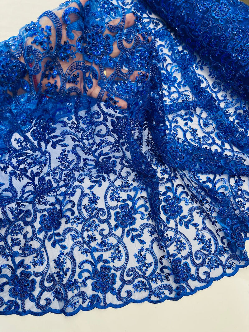 Embroidery Beaded Fabric - Royal Blue - Beaded Floral Bridal Embroidery Fabric Sold by the yard