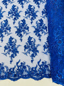 Beaded Sequins Floral Fabric - Royal Blue - Embroidered Beaded Floral Clusters Sequins Fabric By Yard